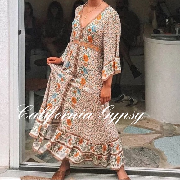 Boho Floral Gypsy Print Maxi Dress Kimono - Picture 5 of 16